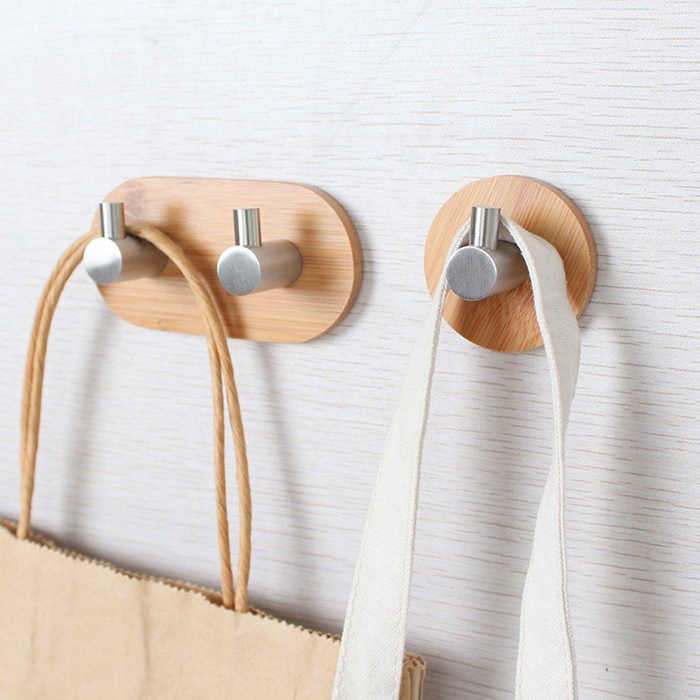 Discover the adhesive key holder for wall heavy duty wall hooks stainless steel peg natural bamboo hanger for robe towel bag modern bathroom kitchen office cabinet door organizer rack 1 hook