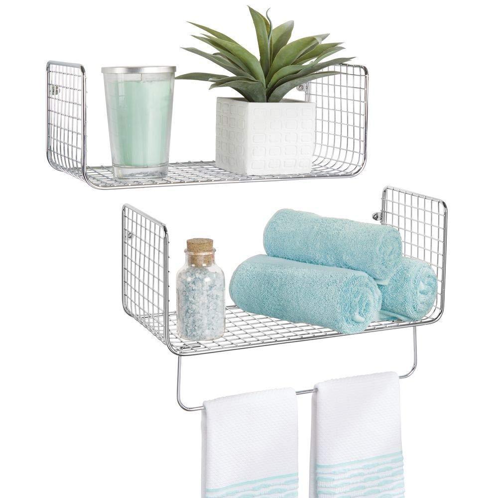 Discover the mdesign metal wire farmhouse wall decor storage organizer shelving set 1 shelf with towel bar for bathroom laundry room kitchen garage wall mount 2 pieces chrome