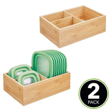Heavy duty mdesign bamboo wood kitchen storage bin organizer for food container lids and covers use in cabinets pantries cupboards large divided organizer with 3 sections 2 pack natural