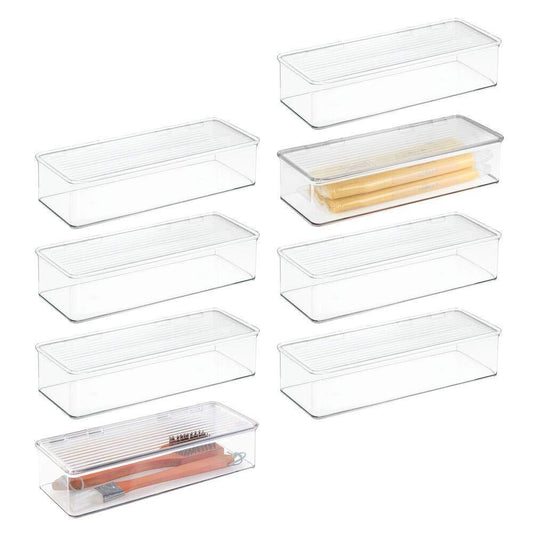 Top mdesign stackable kitchen pantry cabinet refrigerator food storage container bin attached lid organizer for packets snacks produce pasta bpa free food safe 8 pack clear