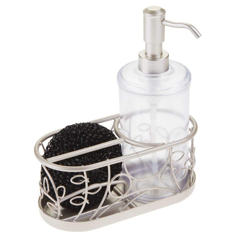 New mdesign decorative wire kitchen sink countertop pump bottle caddy liquid hand soap dispenser with storage compartment holds and stores sponges scrubbers and brushes vine design clear satin