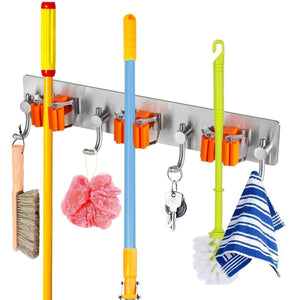 Selection broom and mop holder with storage hooks wall mounted no drill 3m self adhesive tool organizer stainless steel base anti slip silicone handle gripper for home kitchen garden garage storage systems