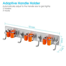 Shop broom and mop holder with storage hooks wall mounted no drill 3m self adhesive tool organizer stainless steel base anti slip silicone handle gripper for home kitchen garden garage storage systems
