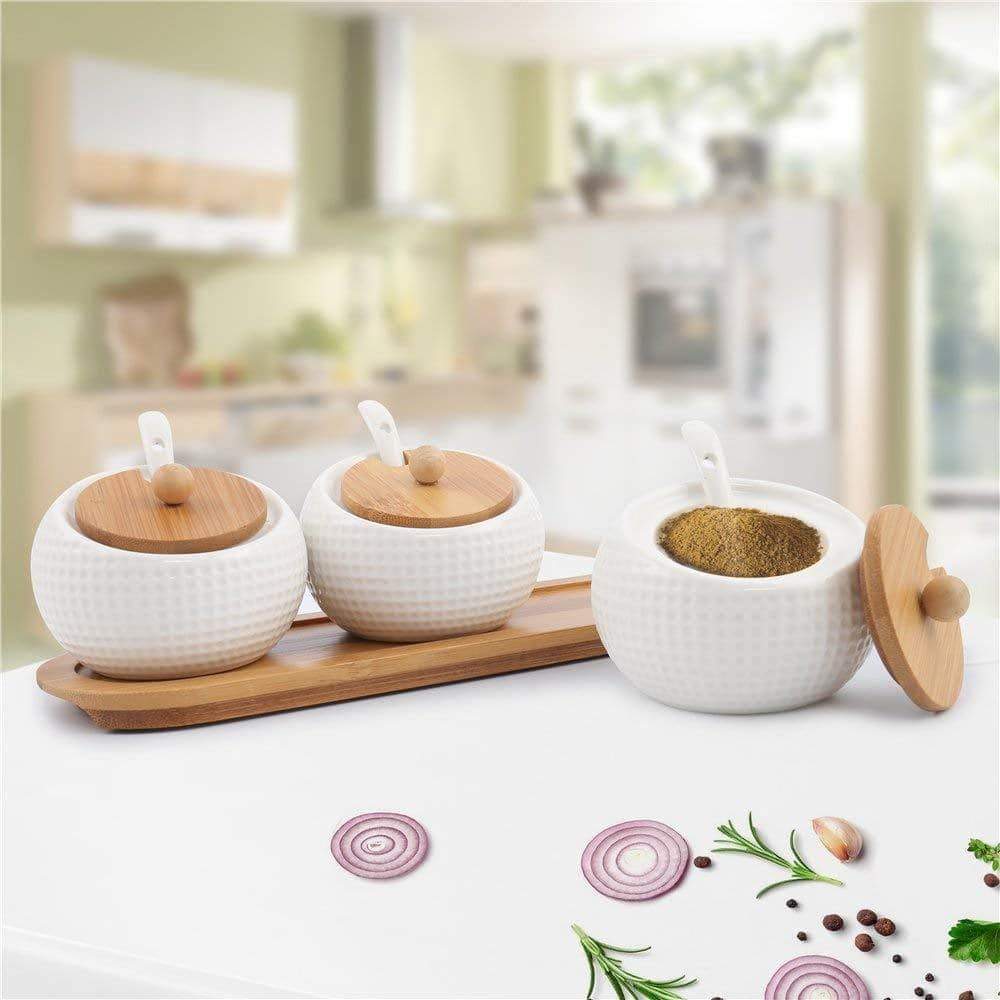 On amazon porcelain condiment jar spice container with lids bamboo cap holder spot ceramic serving spoon wooden tray best pottery cruet pot for your home kitchen counter white 170 ml 5 8 oz set of 3