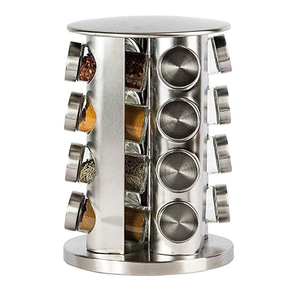 Order now spice rack revolving stainless steel seasoning storage organizer spice carousel tower for kitchen set of 16 jars