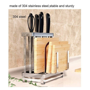 Related multifunctional cutting board and knife holder stainless steel organizer with anti slippery mat and bottom removable water tray kitchen utensils storage drying drainer rack for knives pot cover fork