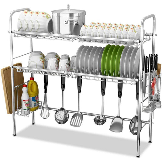 Stainless Steel Sink Drain Rack Storage Shelf, Dish Rack Cutting Board Knife Chopstick Holder Kitchen Shelves, Multi-Style Optional (Color : Silver, Design : B-Double Slot)