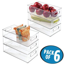 Home mdesign large stackable kitchen storage organizer bin with pull front handle for refrigerators freezers cabinets pantries bpa free food safe deep rectangle tray basket 6 pack clear