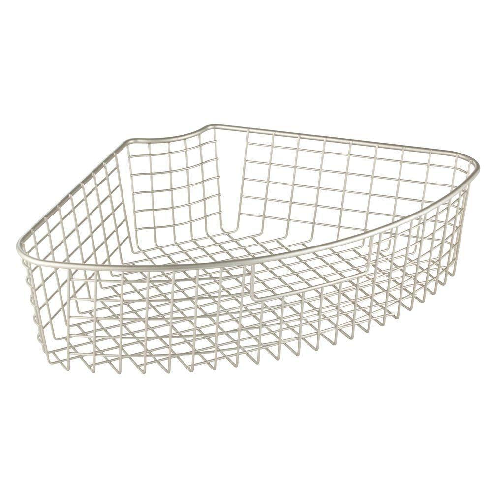 Featured mdesign farmhouse metal kitchen cabinet lazy susan storage organizer basket with front handle medium pie shaped 1 4 wedge 4 2 deep container 4 pack satin