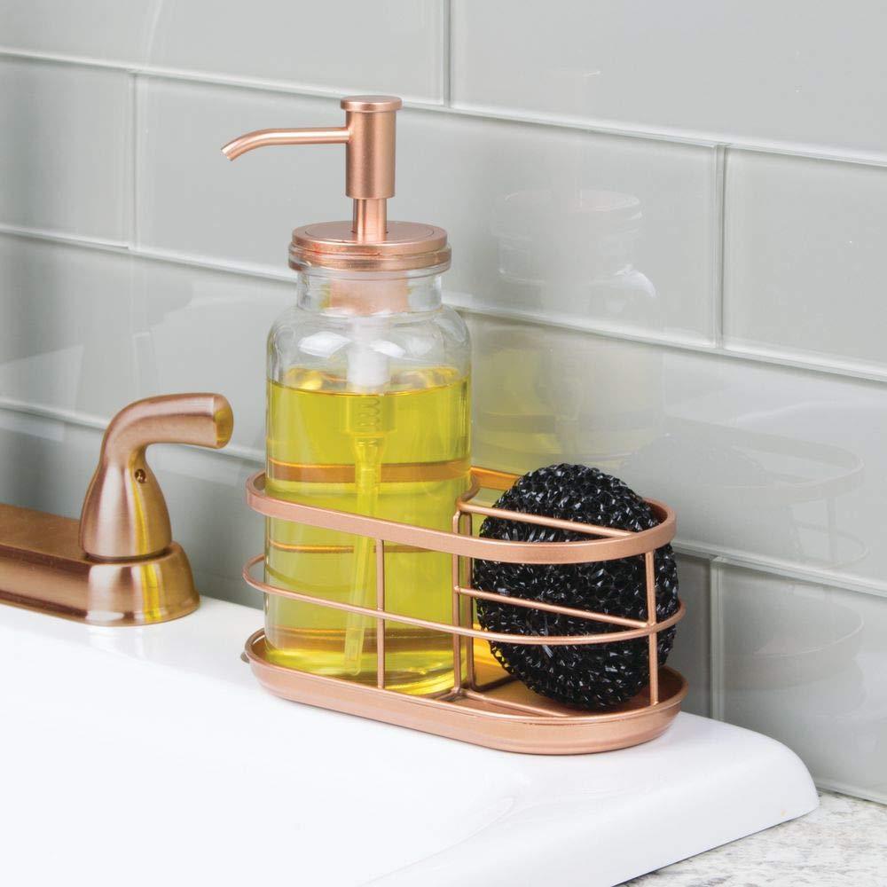 Latest mdesign modern glass metal kitchen sink countertop liquid hand soap dispenser pump bottle caddy with storage compartments holds and stores sponges scrubbers and brushes clear copper
