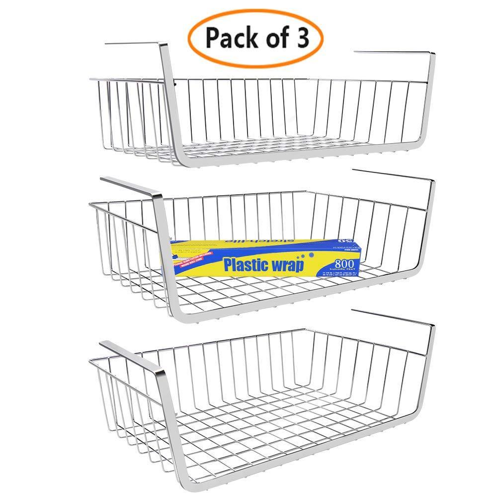 Save monpearl 3 pack 16 4 under shelf basket under cabinet wire shelves for cabinet thickness max 1 45 hanging shelf basket on kitchen pantry desk bookshelf silver large size