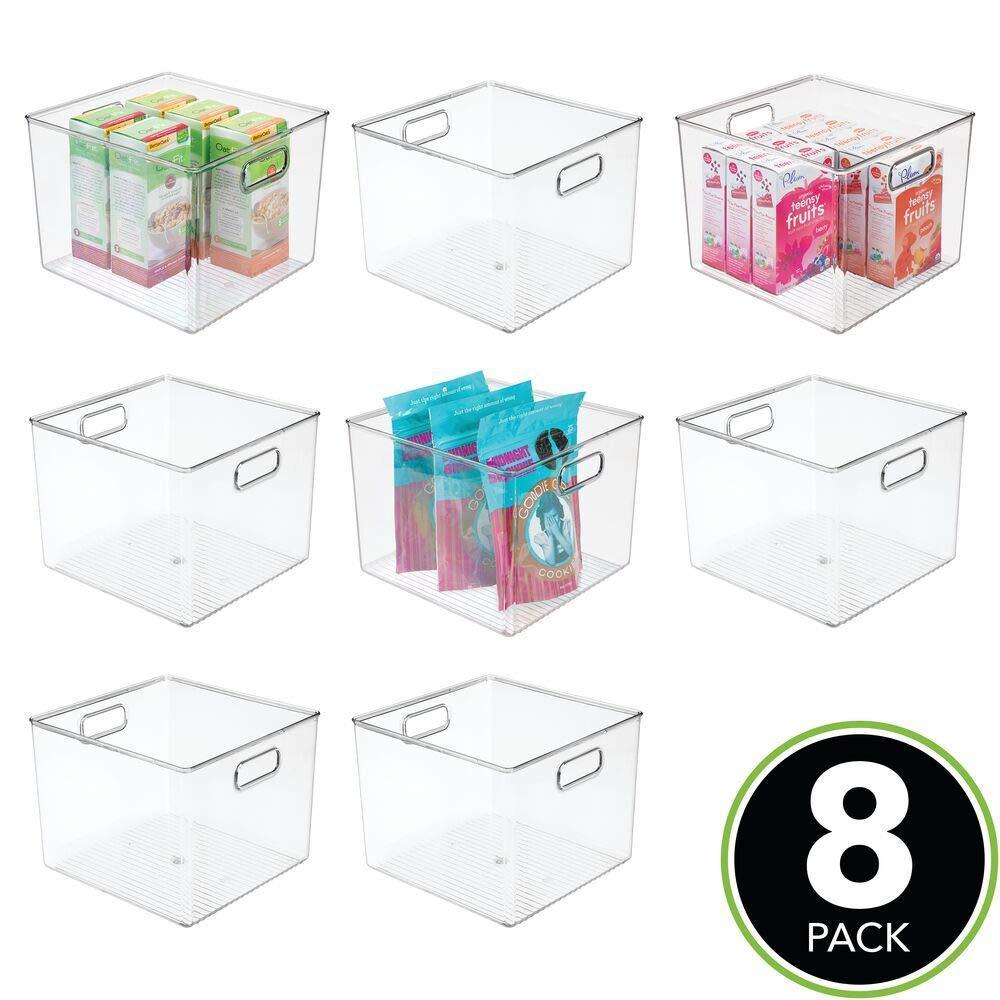 Amazon mdesign plastic food storage container bin with handles for kitchen pantry cabinet fridge freezer large organizer for snacks produce vegetables pasta bpa free 10 square 8 pack clear