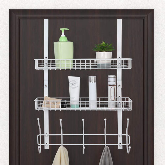 NEX Upgrade Over The Door Hook Shelf Organizer 5 Hooks with 2 Baskets Storage Rack for Coats & Towels, Chrome (White)