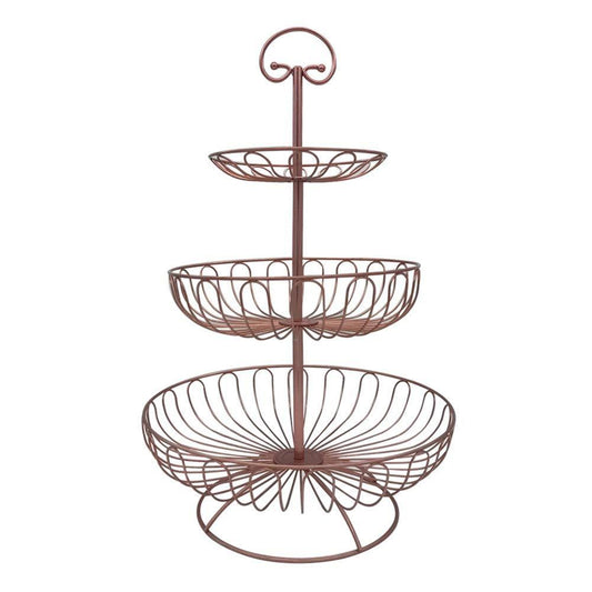 Storage organizer 3 tier metal wire fruit vegetable basket tower decorative fruit basket countertop stand kitchen counter produce organizer with top handle bronze pink