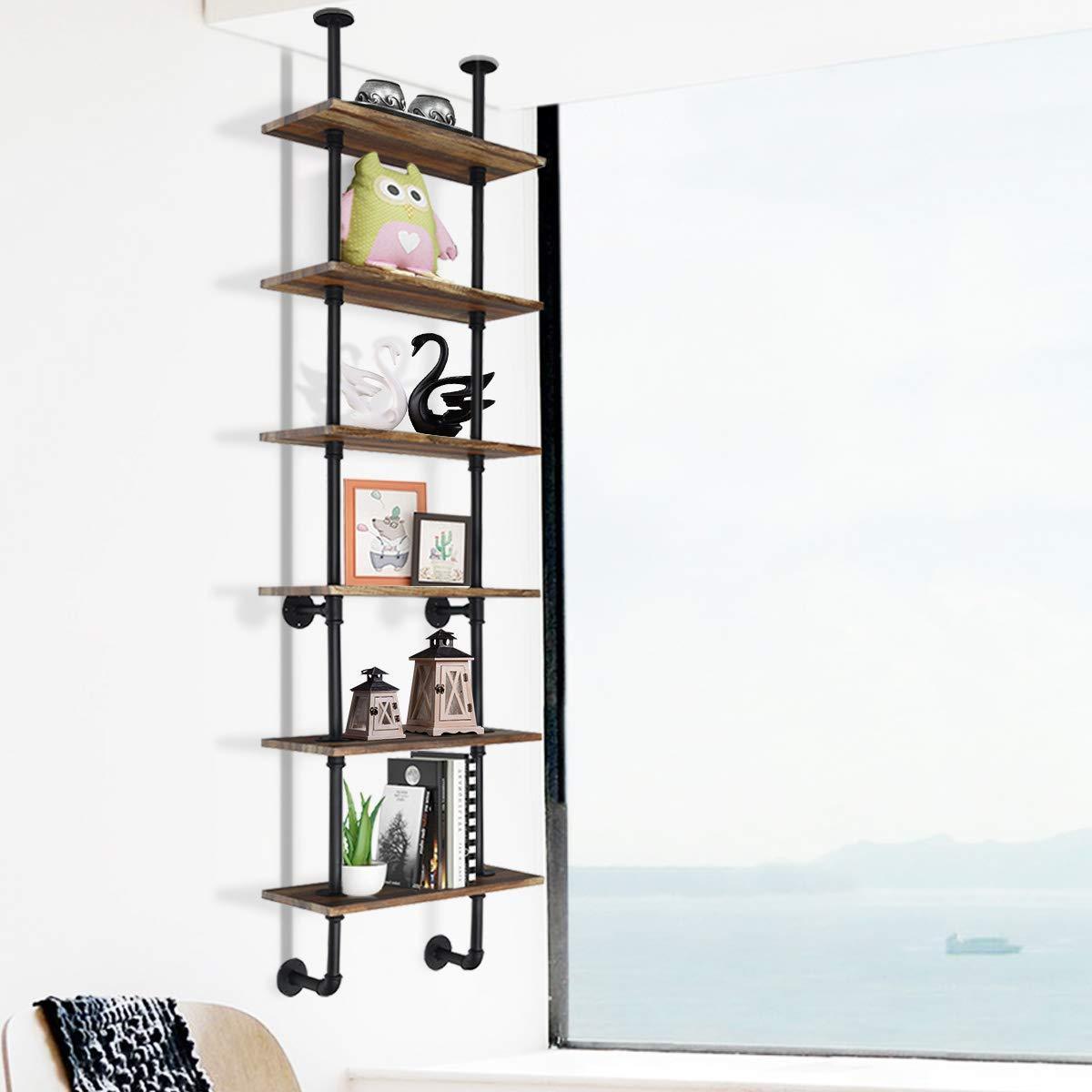 Shop giantex 6 tier industrial pipe shelves with wood rustic wall shelves vintage pipe wall shelf for bedrooms kitchens coffee shops or bar storage pickles wood grain