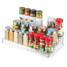 Exclusive mdesign large plastic adjustable expandable kitchen cabinet pantry shelf organizer spice rack with 3 tiered levels of storage for spice bottles jars seasonings baking supplies 2 pack clear