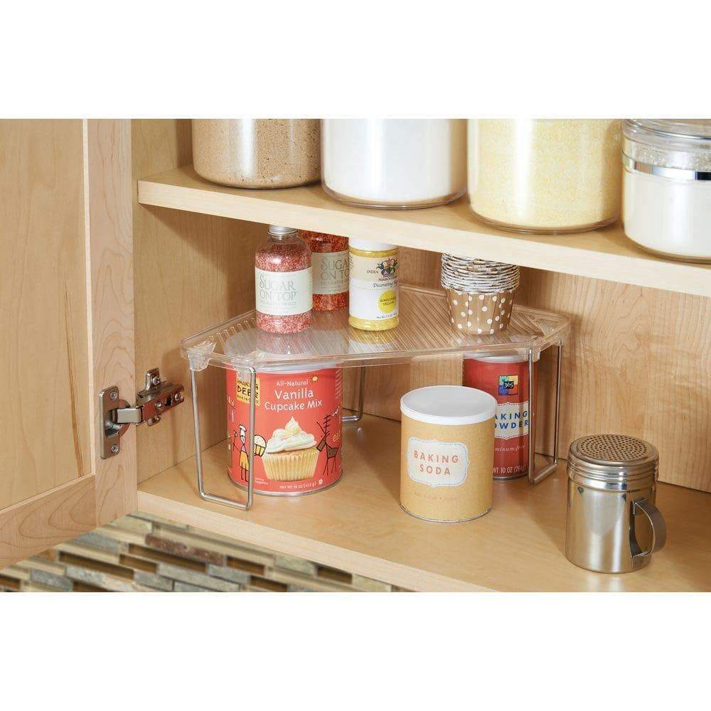 Great mdesign corner plastic metal freestanding stackable organizer shelf for kitchen countertop pantry or cabinet for storing plates mugs bowls canned goods baking supplies 4 pack clear chrome