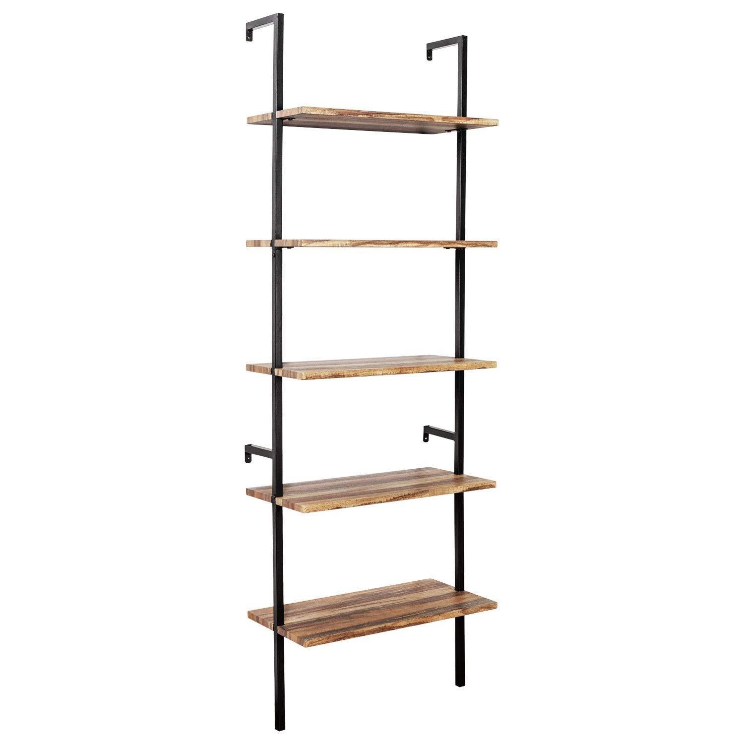 Results ironck industrial ladder shelf bookcase 5 tier wood shelves wall mounted stable expand space bookshelf retro wall decor furniture for living room kitchen bar storage