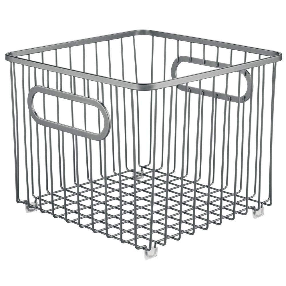 Heavy duty mdesign metal farmhouse kitchen pantry food storage organizer basket bin wire grid design for cabinet cupboard shelf countertop holds potatoes onions fruit square 2 pack graphite gray