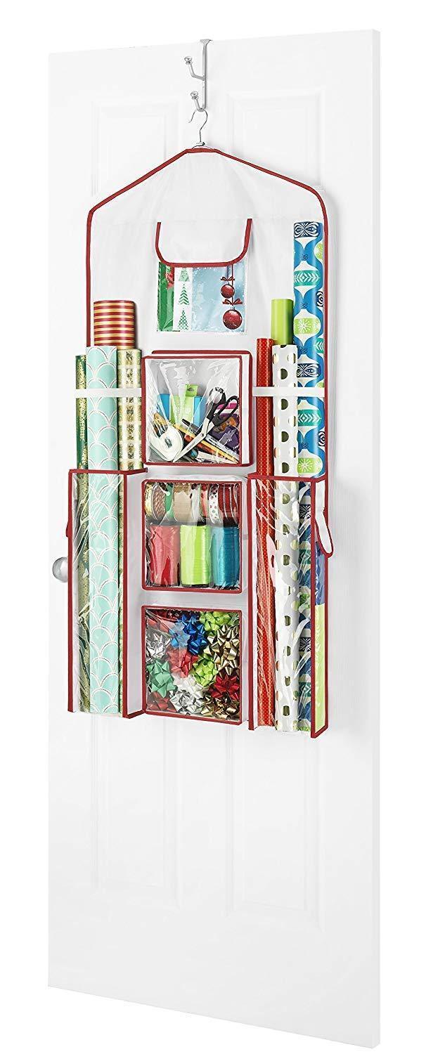 Whitmor Gift Wrap Organizer - Space Saving and Storage Solution for Wrapping Paper, Ribbons, Craft Supplies and More - Can Hold 40" Rolls of Gift Wrap - 4 Extra Pockets and Sturdy Hanging Hook