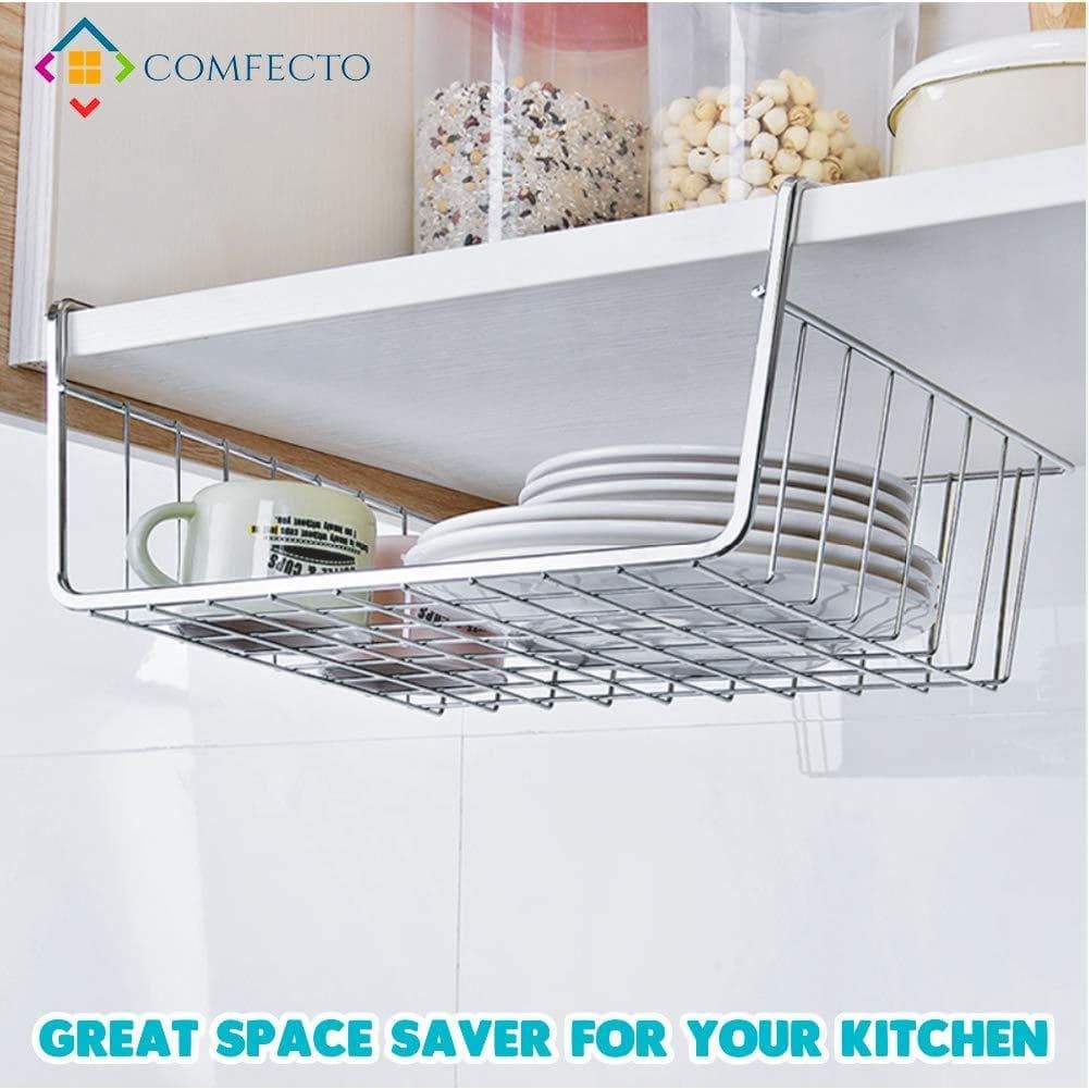 Shop here 4pcs 15 8 under shelf basket storage wire rack organizer for cabinet thickness max 1 2 inch extra storage space on kitchen counter pantry desk bookshelf cupboard anti rust stainless steel rack