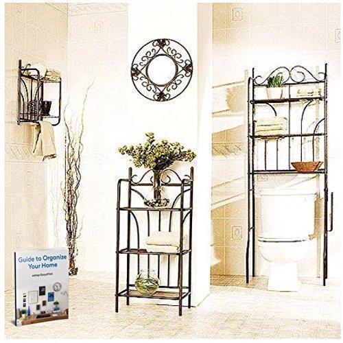 3 Piece Bathroom Organizer Spacesaver with Over the Door Hooks Hanger Hanging Clothes & Towel Shelf Tissue , Over the Rack Toilet Cabinet Floor Shelving Towel , & eBook By Easy2Find