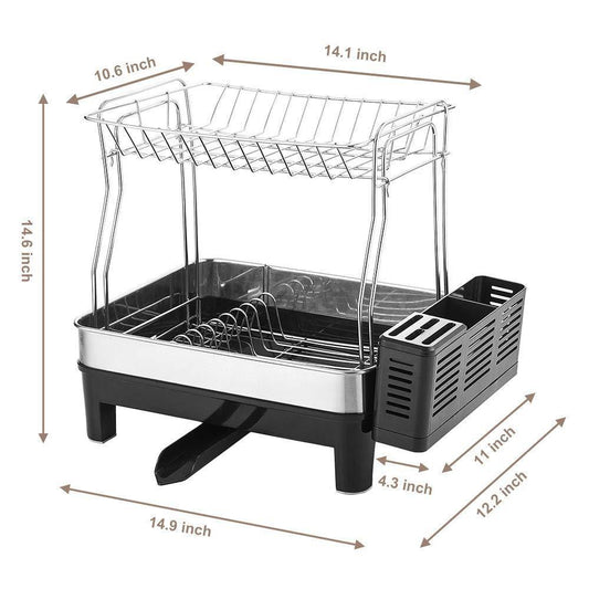 KEDSUM Rust-Proof Stainless Dish Rack, 2-Tier Detachable Dish Drying Rack with Removable Utensil Holder, Dish Drainer with 360 Degrees Adjustable Swivel Spout for Kitchen Counter