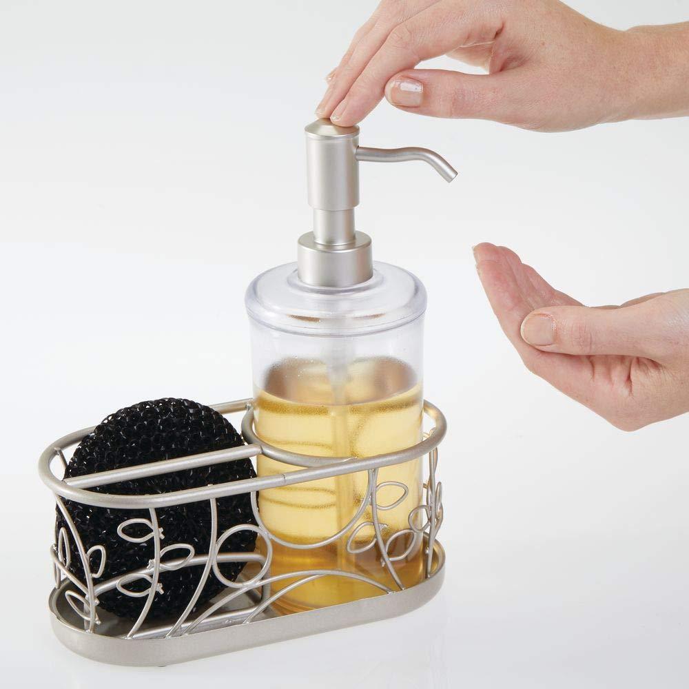 On amazon mdesign decorative wire kitchen sink countertop pump bottle caddy liquid hand soap dispenser with storage compartment holds and stores sponges scrubbers and brushes vine design clear satin