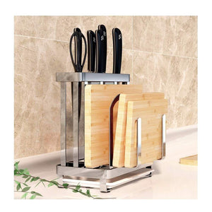 Purchase multifunctional cutting board and knife holder stainless steel organizer with anti slippery mat and bottom removable water tray kitchen utensils storage drying drainer rack for knives pot cover fork