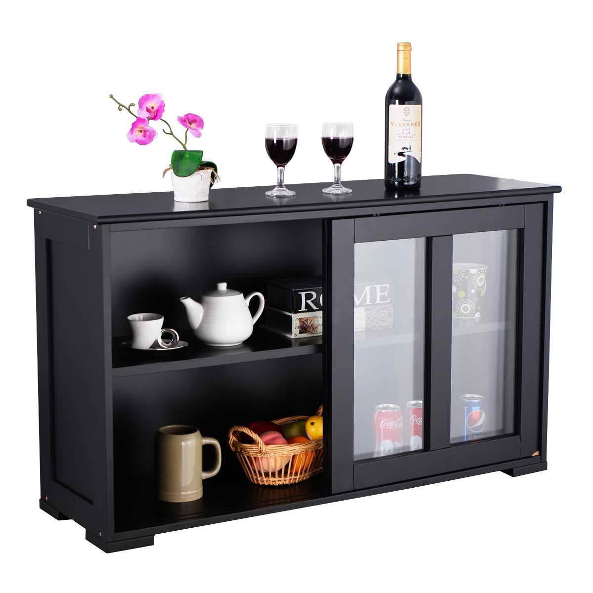 Top rated waterjoy kitchen storage sideboard stackable buffet storage cabinet with sliding door tempered glass panels for home kitchen antique black