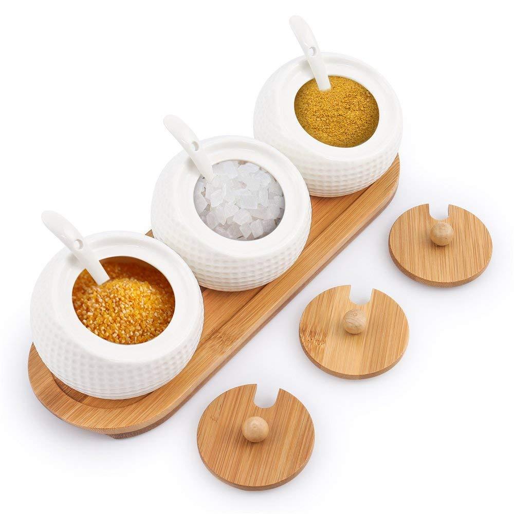 Latest porcelain condiment jar spice container with lids bamboo cap holder spot ceramic serving spoon wooden tray best pottery cruet pot for your home kitchen counter white 170 ml 5 8 oz set of 3