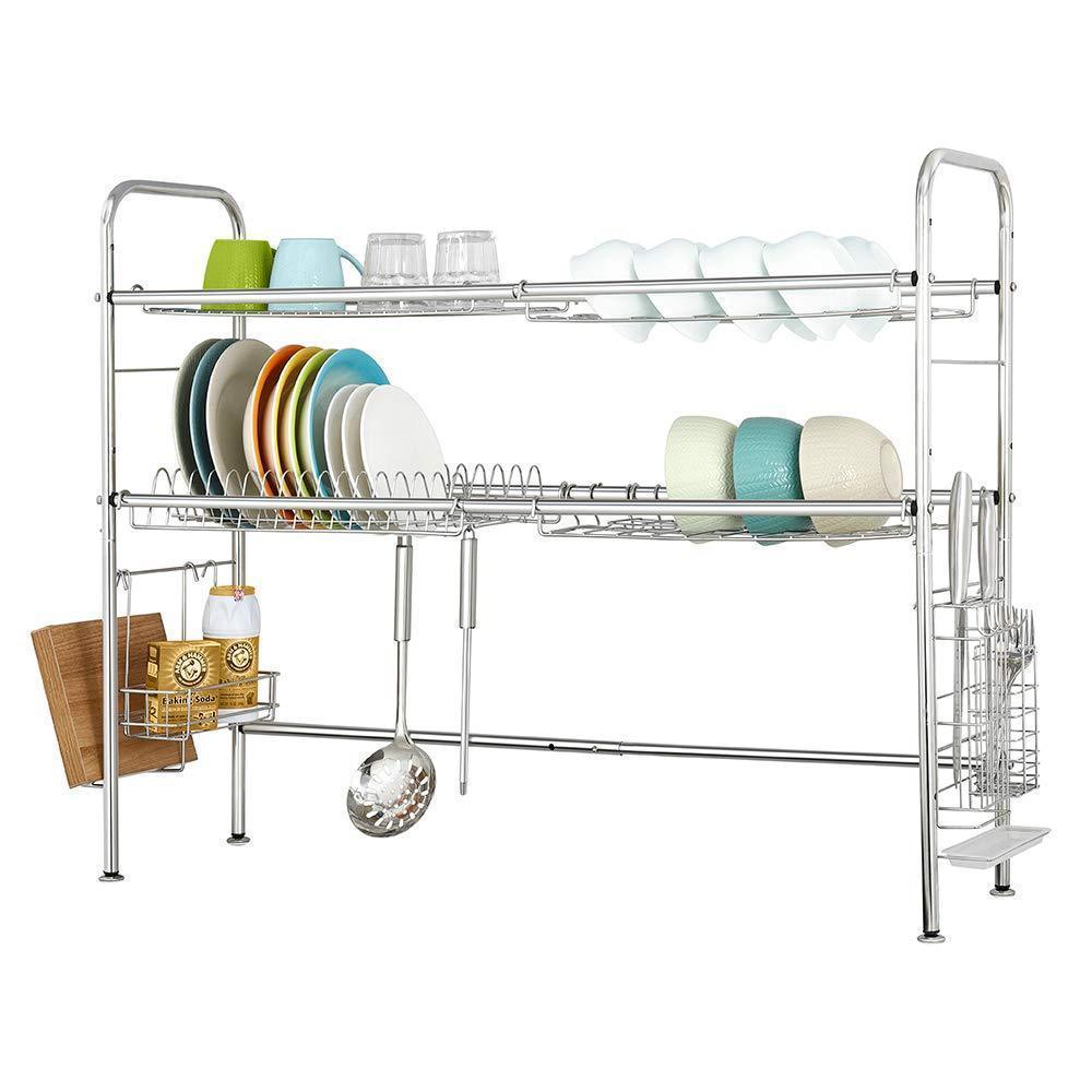 NEX 2-Tier Stainless Steel Drying Dish Rack, Non-slip Length Adjustable Kitchen Cabinets with Chopstick Holder, Double Groove