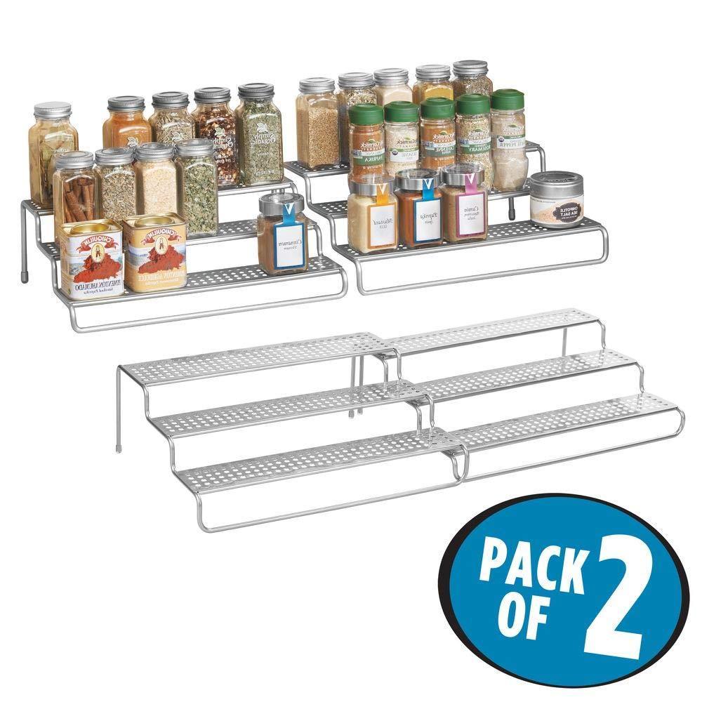 Budget friendly mdesign adjustable expandable kitchen wire metal storage cabinet cupboard food pantry shelf organizer spice bottle rack holder 3 level storage up to 25 wide 2 pack silver