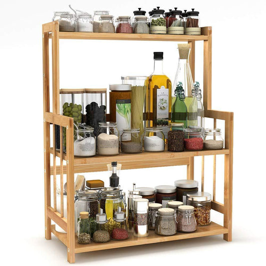 Exclusive 3 tier standing spice rack little tree kitchen bathroom countertop storage organizer bamboo spice bottle jars rack holder with adjustable shelf bamboo