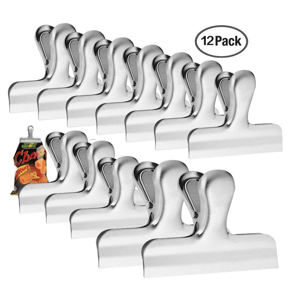 Budget friendly 12 pack stainless steel clips grips for chip bags 3 inch and 4 inch width danzix durable paper seal tool for coffee food bread bags kitchen home usage 10 small and 2 large sliver