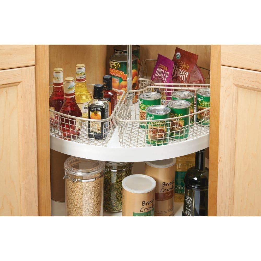 Top mdesign farmhouse metal kitchen cabinet lazy susan storage organizer basket with front handle large pie shaped 1 4 wedge 4 4 deep container 2 pack satin