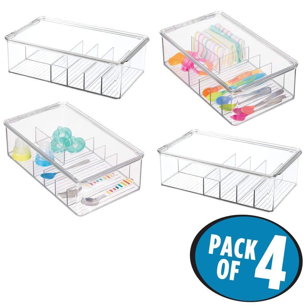 Featured mdesign stackable plastic storage organizer container for kitchen cabinets pantry countertops holds kids child toddler mealtime sets small accessories 6 sections bpa free 4 pack clear