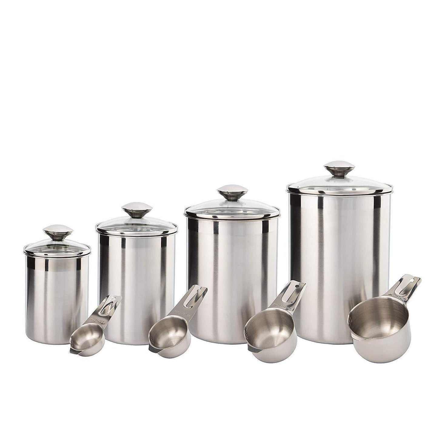 Try beautiful canisters sets for the kitchen counter 8 piece stainless steel medium sized with glass lids and measuring cups silveronyx tea coffee sugar flour canisters 8pc glass lids