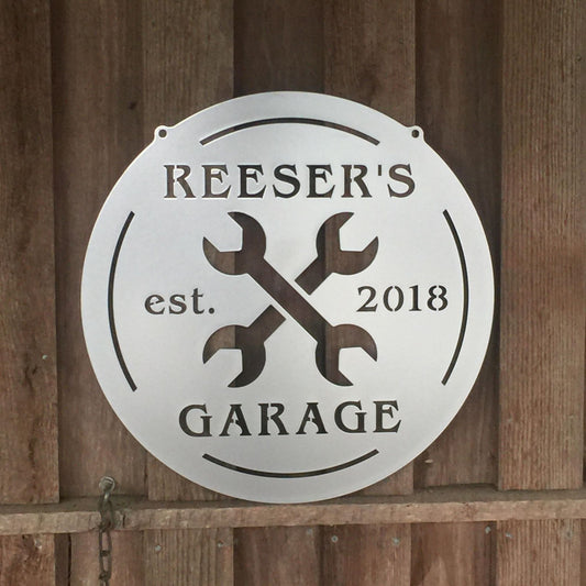 Custom Metal Garage or Tool Shed Sign with Crossed Wrenches in Color of Your Choice - Multiple Sizes Available