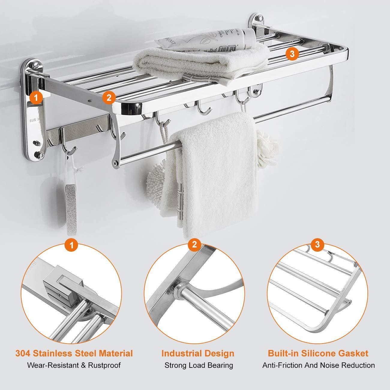 Budget beamnova foldable towel rack 20 inch with shelf towel rack with bar hooks wall mounted easy installation towel holder stainless steel for shower bathroom kitchen