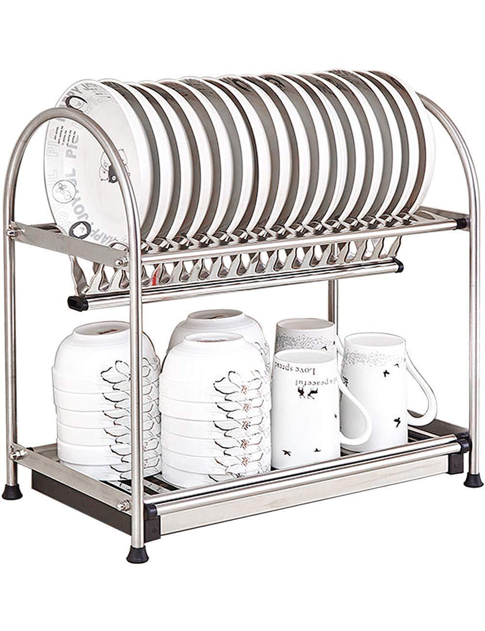 Kitchen Hardware Collection 2 Tier Dish Drying Rack Stainless Steel Stand On Countertop Draining Rack 17.9 Inch Length 16 Dish Slots Organizer with Drainboard for Cup Plate Bowl