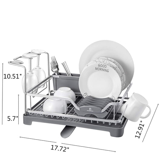 Aluminum Dish Drying Rack with Expandable Over Sink Dish Rack, Rust Proof Frame, Cutlery Holder, Swivel Spout, Wine Glass Holder & Cup Holder for Kitchen (Grey) 121887