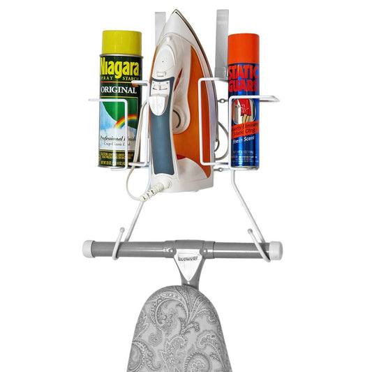 Evelots Ironing Board Holder-Over Door/No Tool or Wall Mount-Iron/Bottle Baskets