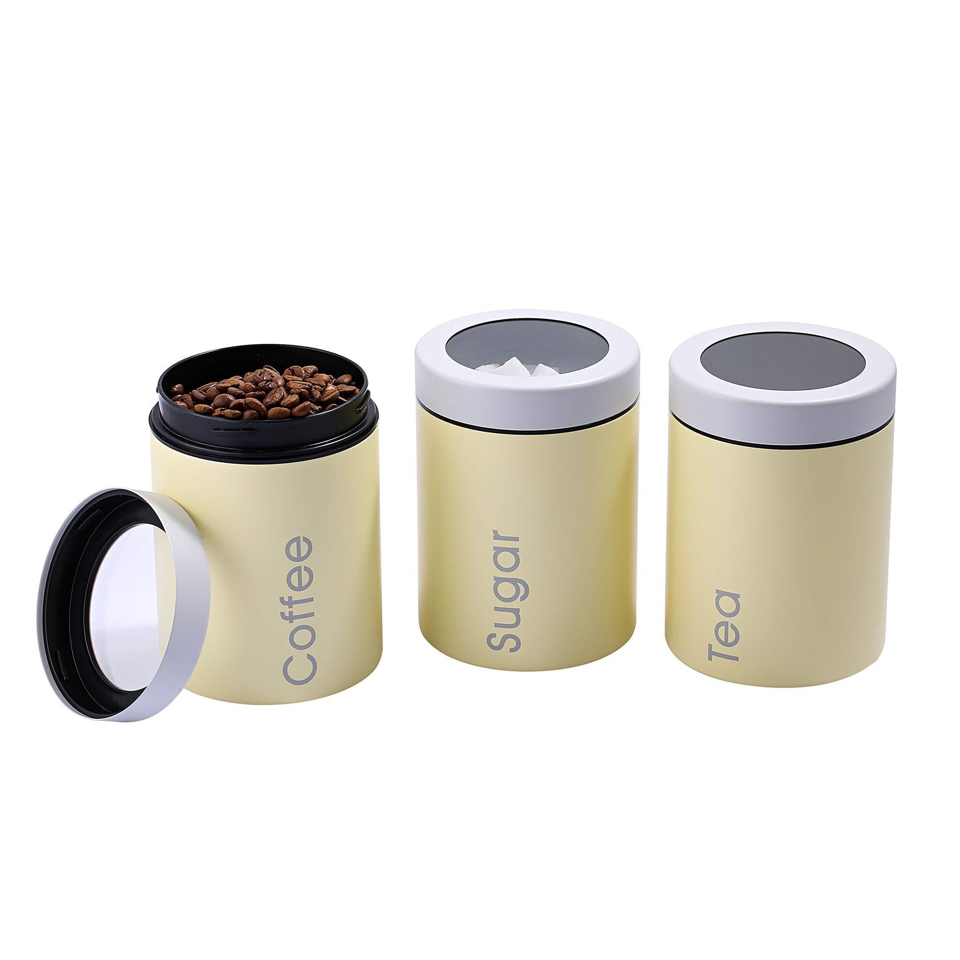Latest adzukio modern stylish canisters sets for kitchen counter 3 piece canister for tea sugar coffee food storage container multipurpose light yellow