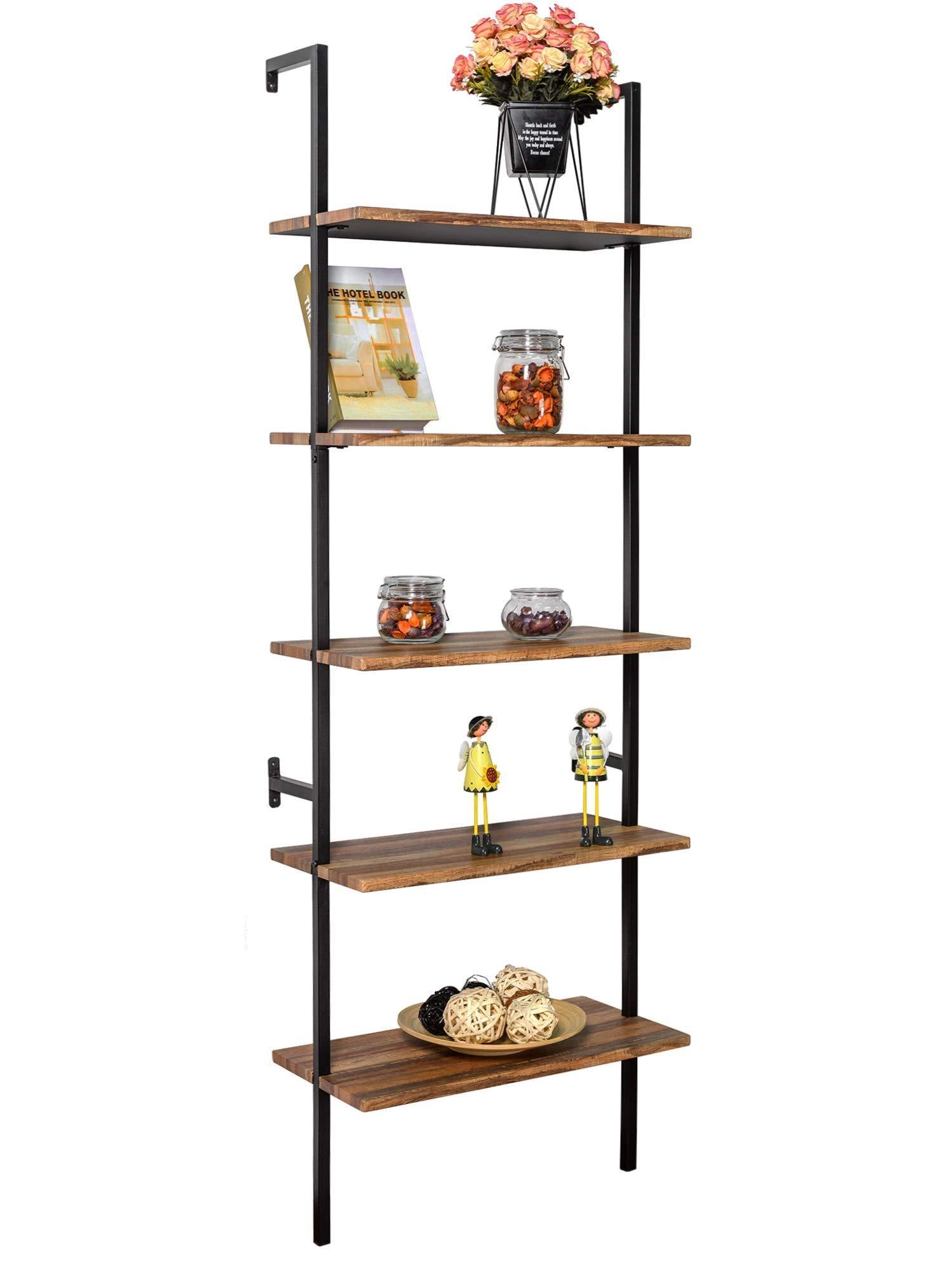 Shop for ironck industrial ladder shelf bookcase 5 tier wood shelves wall mounted stable expand space bookshelf retro wall decor furniture for living room kitchen bar storage