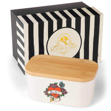 Heavy duty porcelain ceramic butter dish with lid large butter keeper fits 2 butter sticks airtight seal durable butter container box holder tray for kitchen table fridge counter standard size heart tattoo
