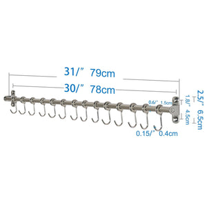 Explore webi kitchen sliding hooks solid stainless steel hanging rack rail with 14 utensil removable s hooks for towel pot pan spoon loofah bathrobe wall mounted