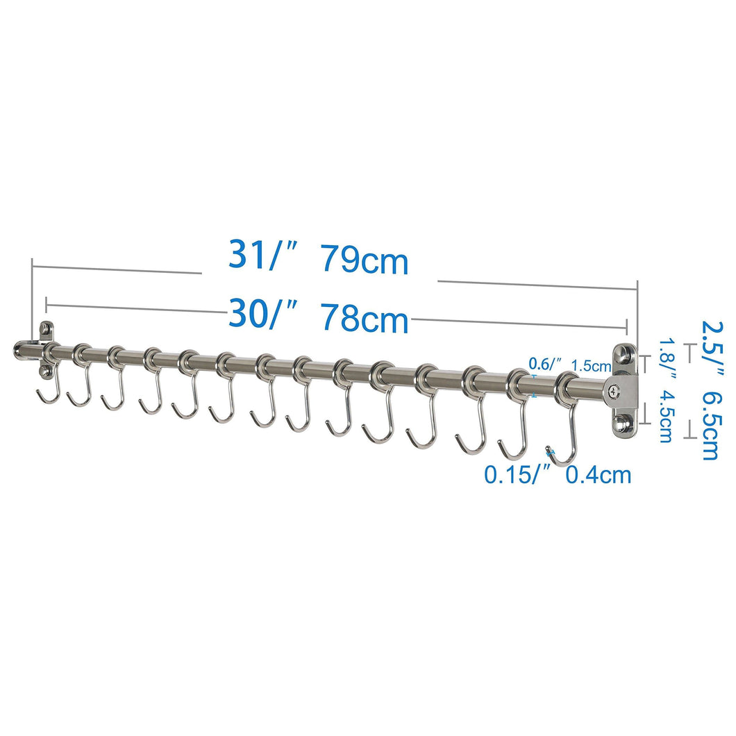 Explore webi kitchen sliding hooks solid stainless steel hanging rack rail with 14 utensil removable s hooks for towel pot pan spoon loofah bathrobe wall mounted