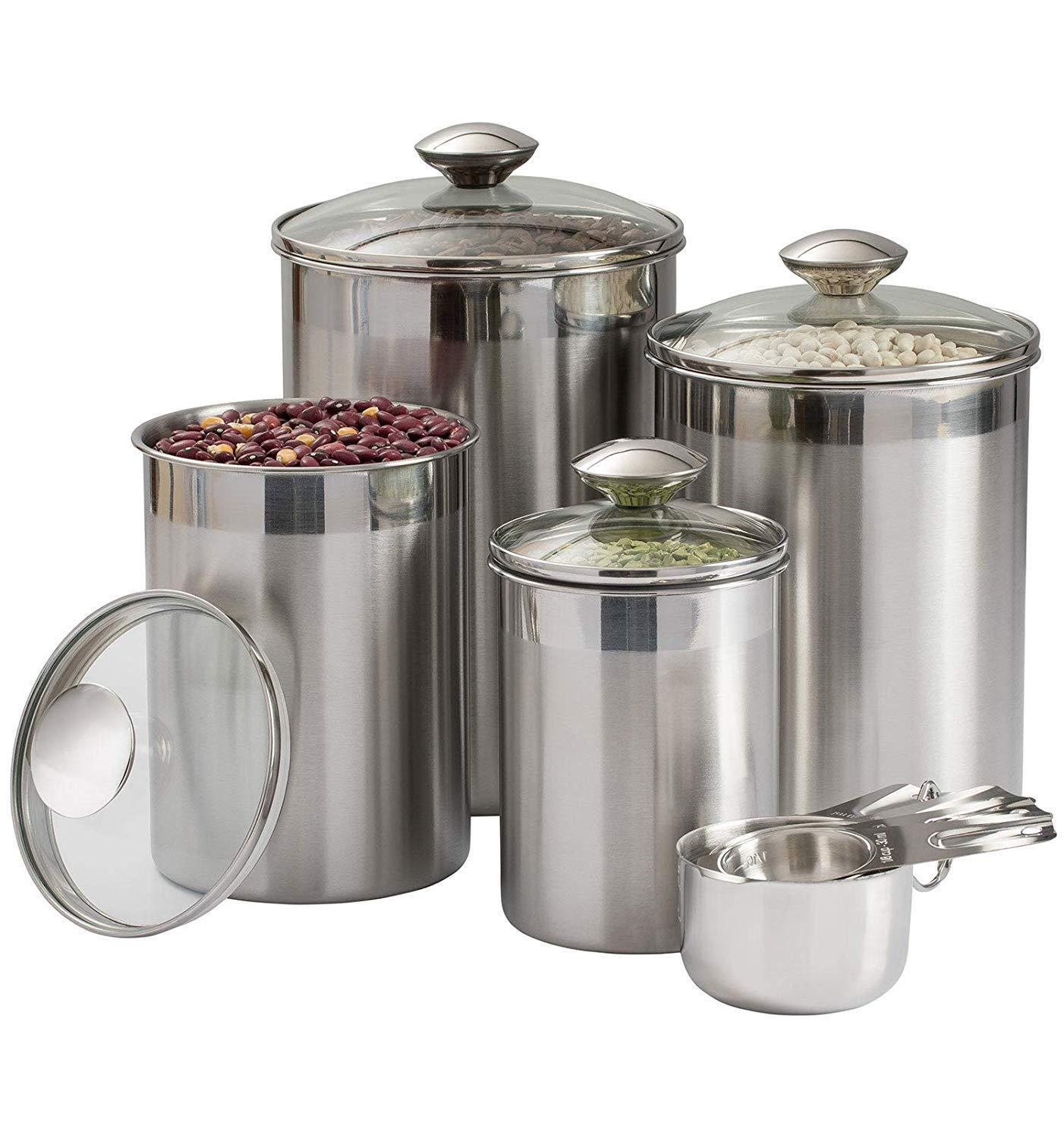 Storage beautiful canisters sets for the kitchen counter 8 piece stainless steel medium sized with glass lids and measuring cups silveronyx tea coffee sugar flour canisters 8pc glass lids
