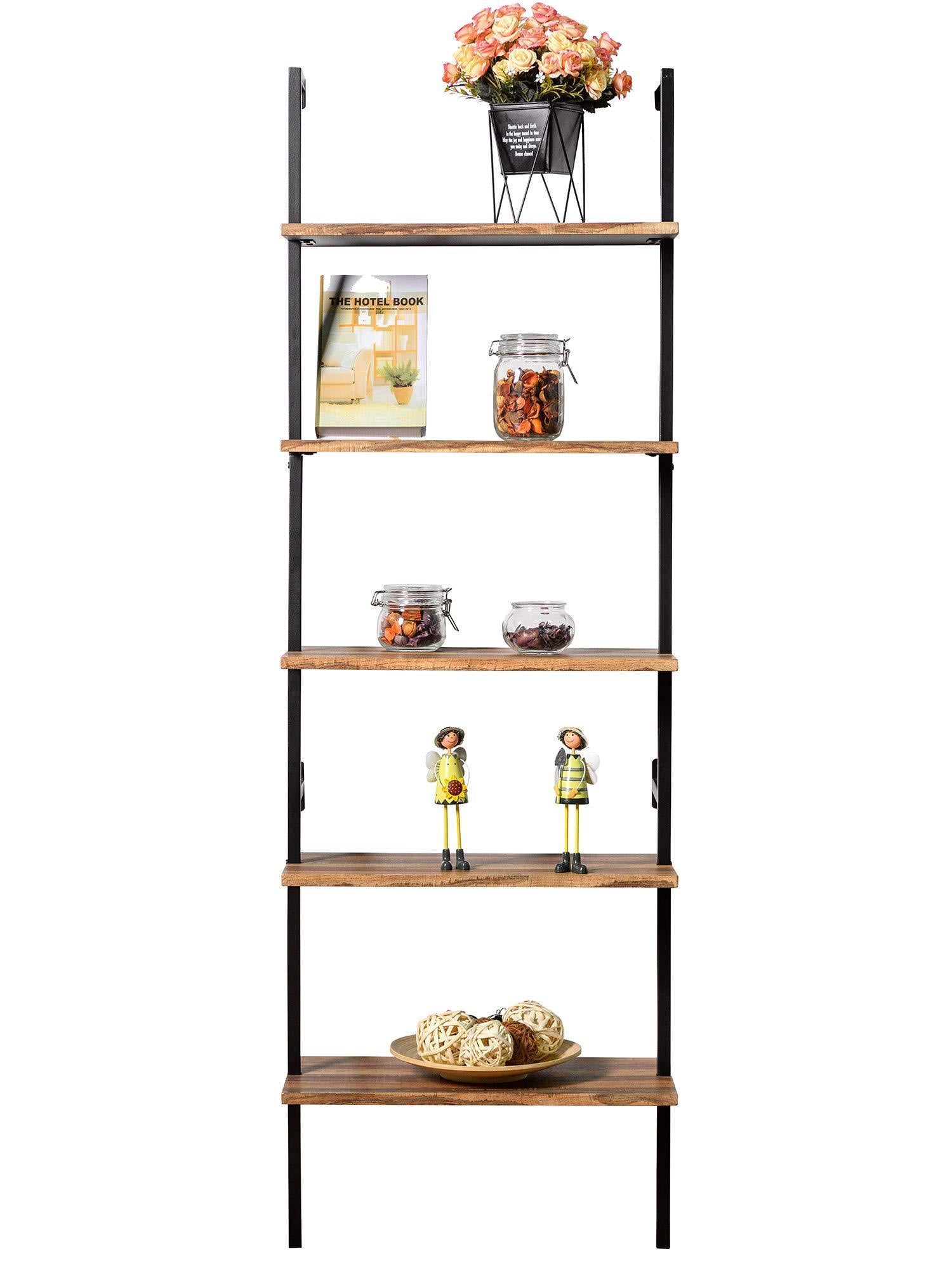 Save ironck industrial ladder shelf bookcase 5 tier wood shelves wall mounted stable expand space bookshelf retro wall decor furniture for living room kitchen bar storage